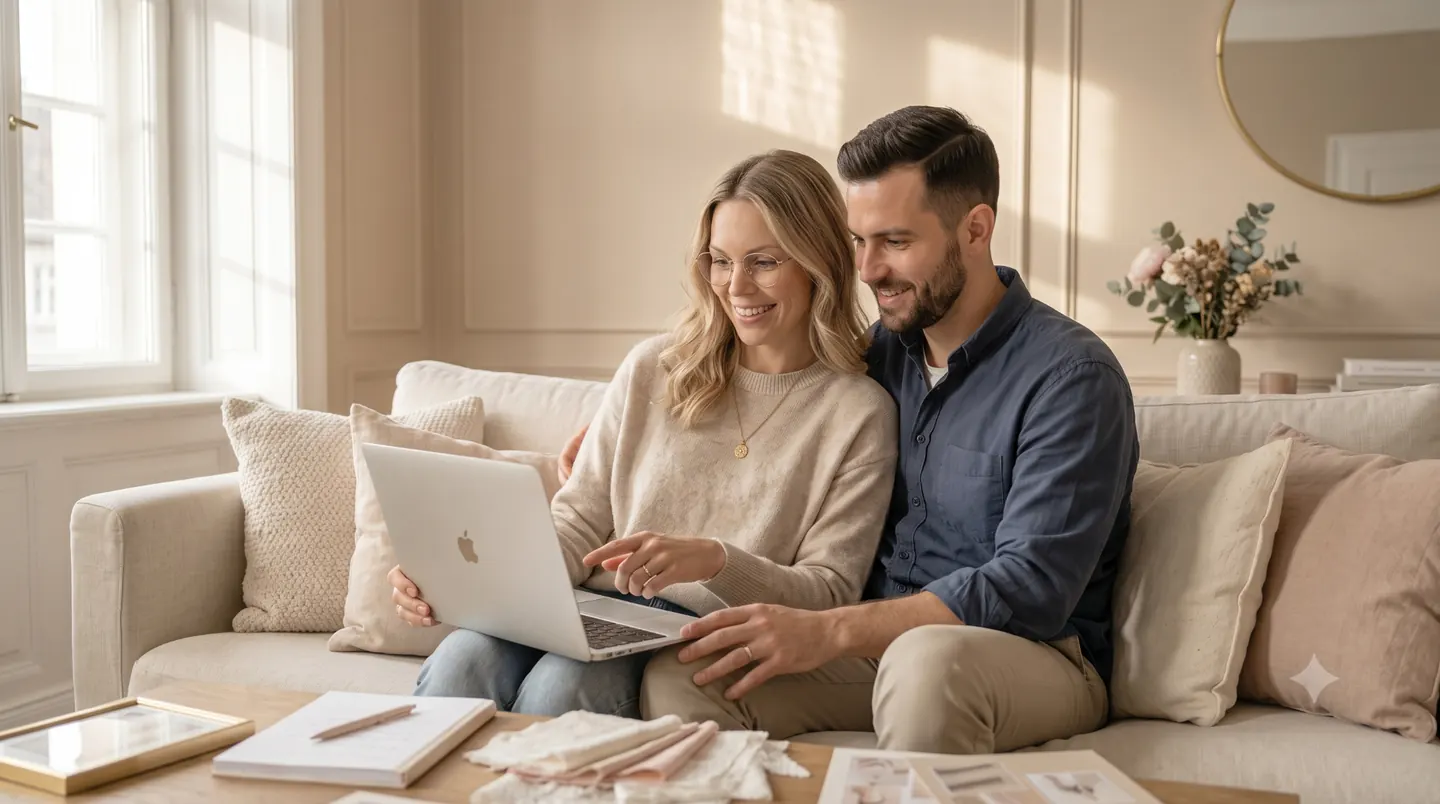 Hochzeits-DJ München: Preise und Wunschpaket planen | FindADJ Ein Paar plant gemeinsam am Laptop auf dem Sofa seine Hochzeit.